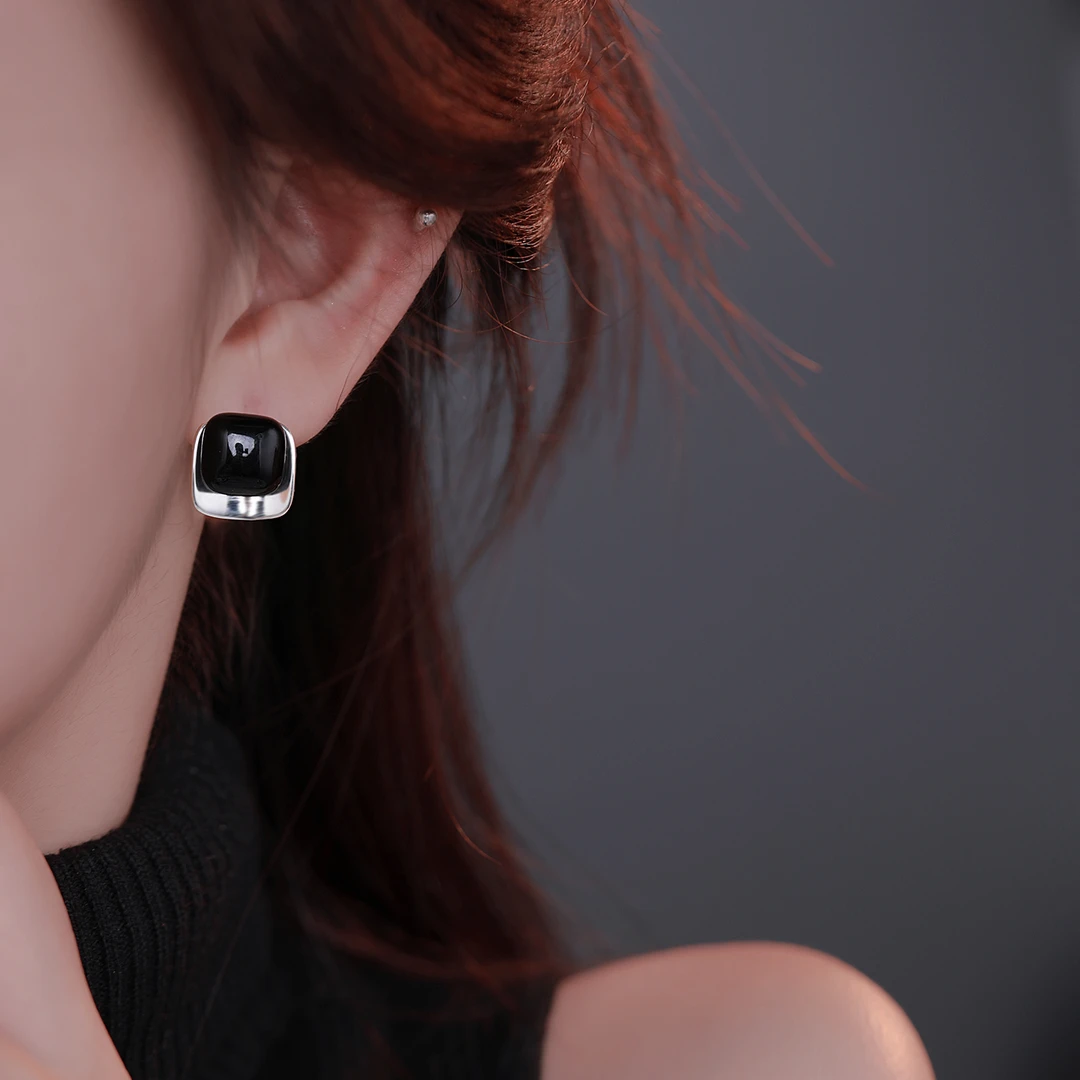 CUOOYINO/初影 铜合金珐琅耳饰 【黑白方形】925银针耳环女精致耳饰