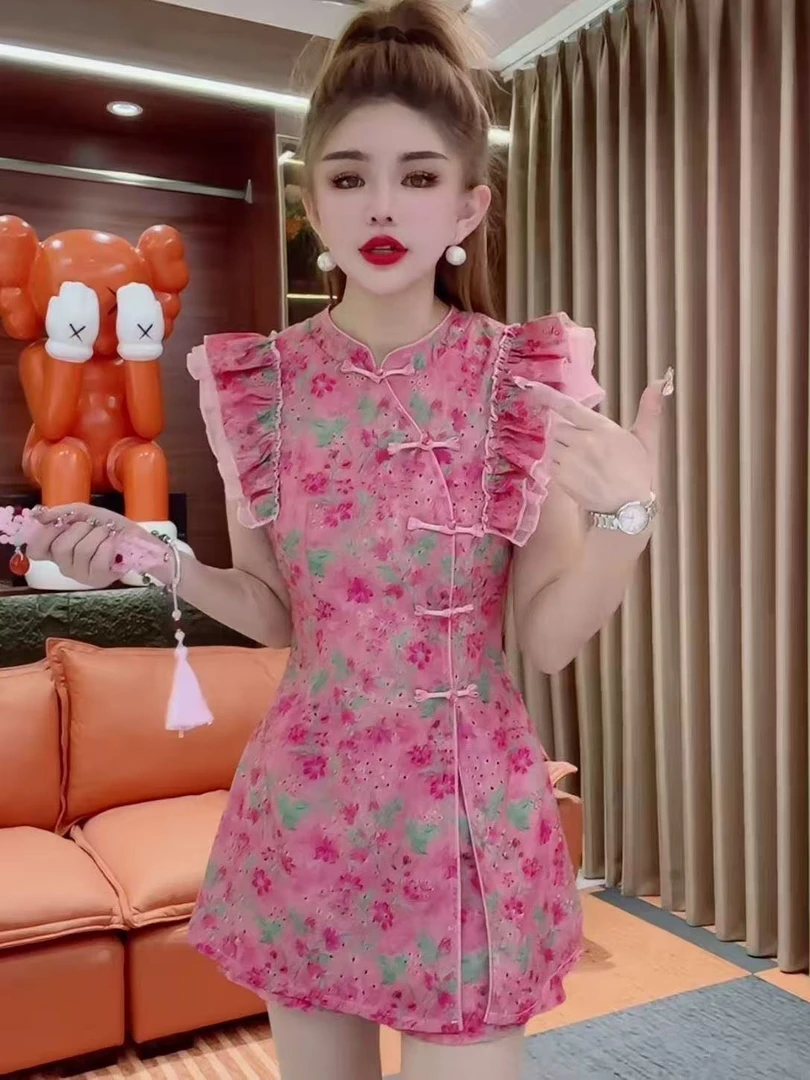 2025夏季气质修身盘扣改良旗袍花边小飞袖印花套裤时尚套装两件套