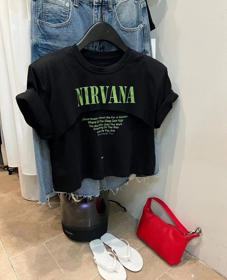 【大敏家】2025小众别致字母印花拼接设计显瘦T