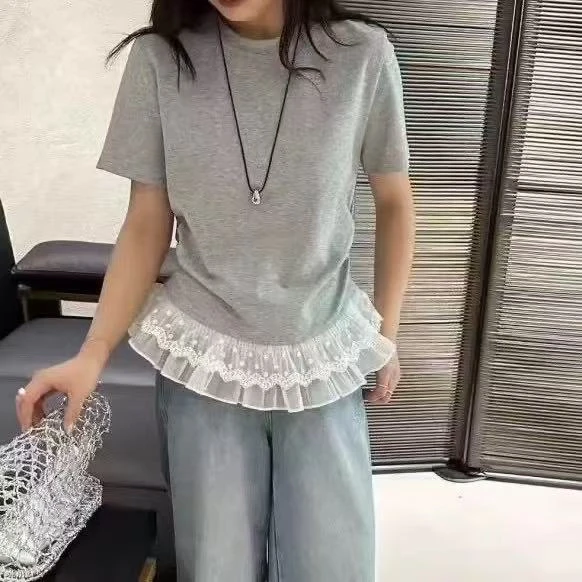 下摆拼接蕾丝花边时尚短袖T恤女2025春夏新款修身减龄小个子上衣