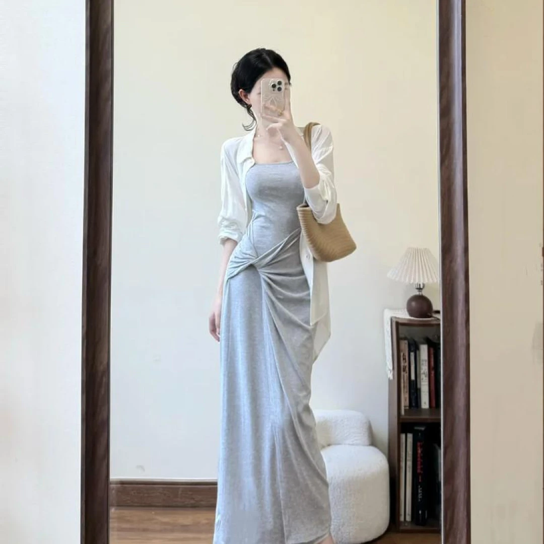 2025新款夏日ootd穿搭一整套女防晒衬衫上衣搭配扭结吊带连衣裙女