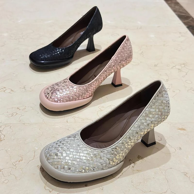 法式圆头防水台细跟单鞋女舒适编织真皮娃娃头浅口高跟气质工作鞋