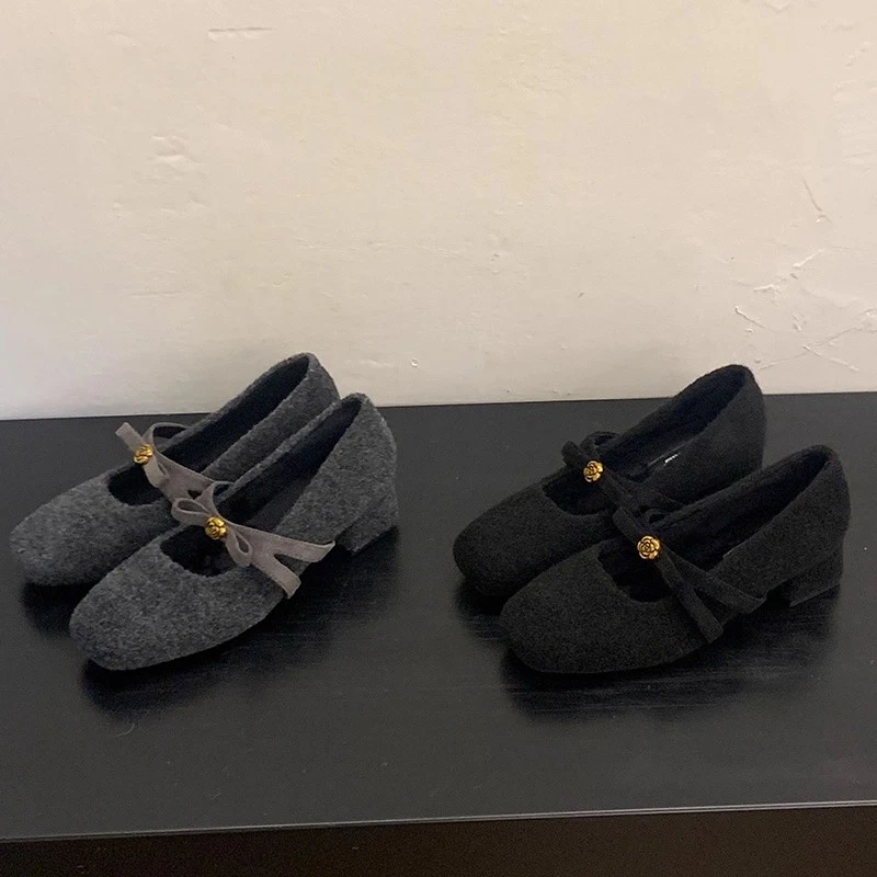 粗跟灰色玛丽珍单鞋女鞋子2025秋冬季加绒高跟鞋法式小香风毛毛鞋