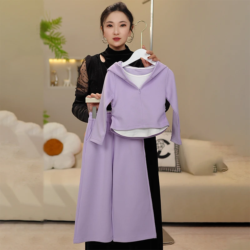 女童套装秋装2025新款儿童春秋款假两件连帽卫衣阔腿裤运动套装