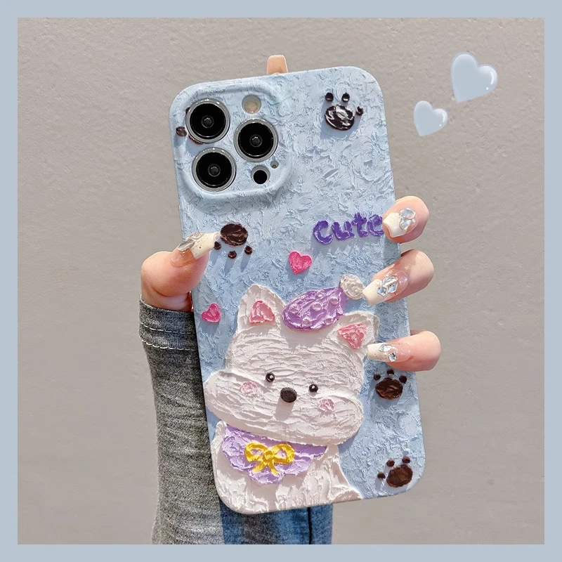 油画可爱西高地适用苹果16手机壳华为创意vivo小米新款oppo菲林壳