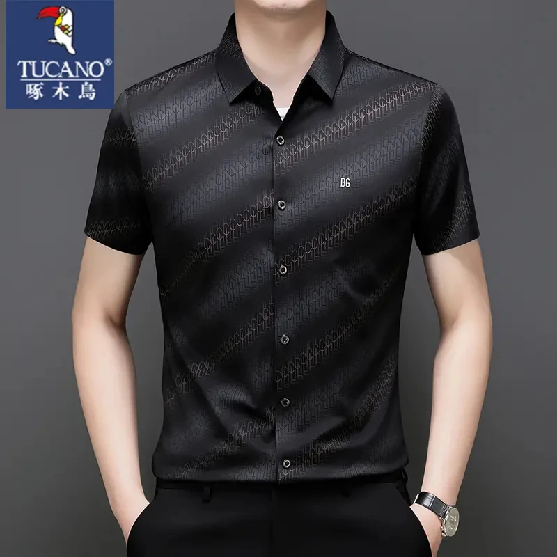 啄木鸟冰丝凉爽短袖衬衫男士夏季薄款弹力衬衣斜条纹休闲男装半袖