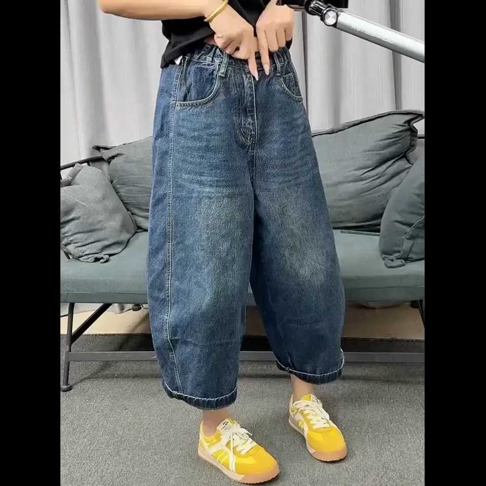 大码九分宽松牛仔裤女秋季新款高腰显瘦老爹裤胖mm时尚百搭哈伦裤