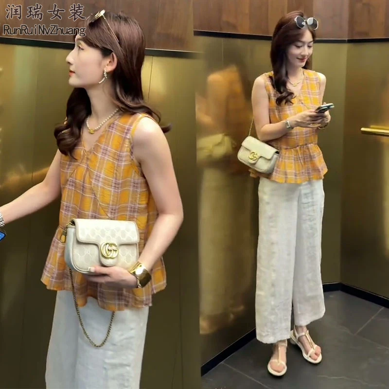 格纹春夏休闲时尚套装格子菱格夏季女装显瘦休闲风2025两件套淑女