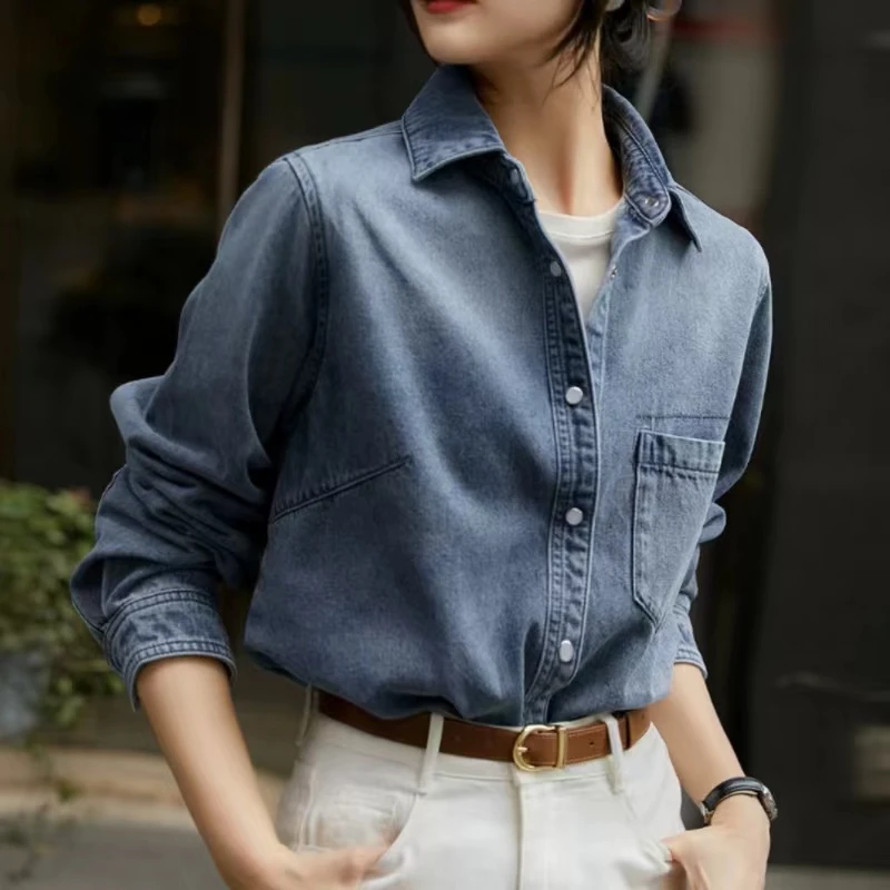 哥弟阿玛施正品上衣春新款官网衣服设计感复古牛仔衣衬衫衬衣女