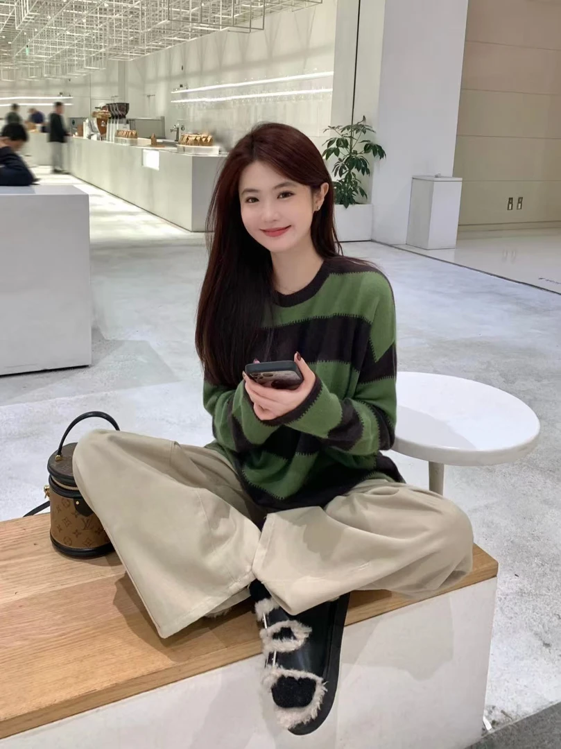 韩系复古条纹撞色针织衫女慵懒风2025秋季新款高腰休闲裤两件套装