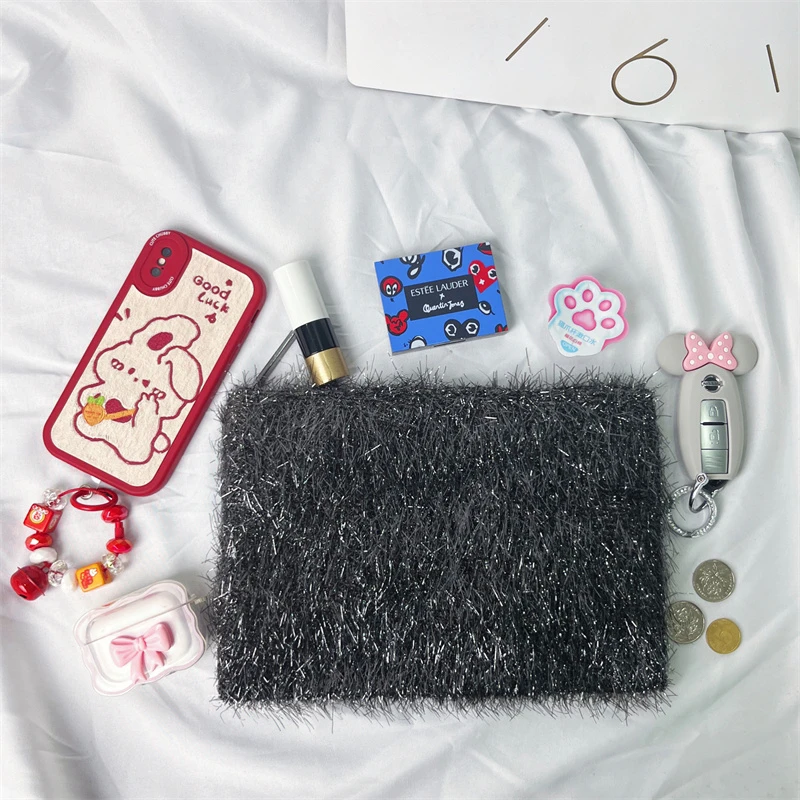 1个装25.5×18cm银色闪条黑蹦迪包化妆收纳包