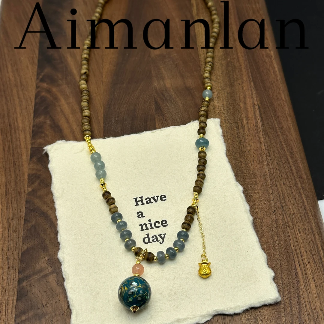 艾蔓岚 铜合金木质项链 手工编织民族风毛衣链挂件复古吊坠A6359