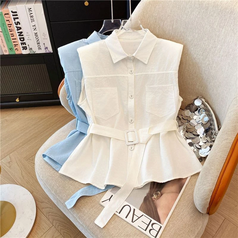 polo领设计无袖衬衫女2025新款夏季气质单排扣上衣韩版遮肚子衬衣