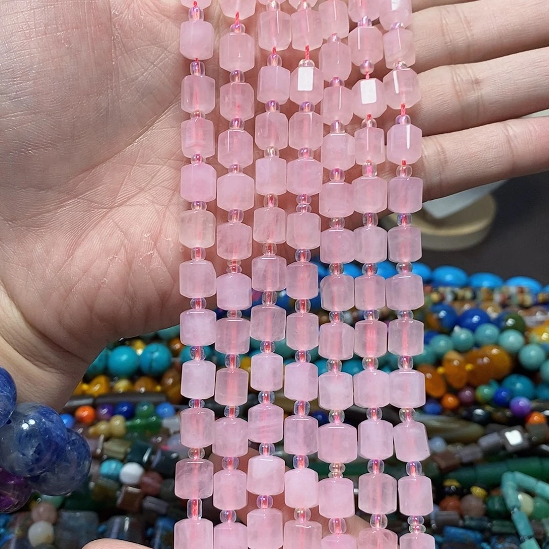 石英质玉未镶嵌，天然马粉六角桶珠9mm，