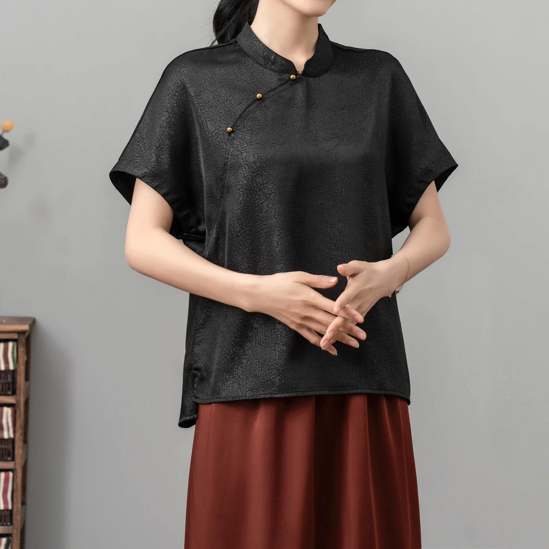 【熹罗绫】10429短袖半袖休闲提花复古衬衣中国风立领短款斜襟常规
