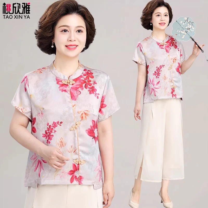 妈妈装夏季薄款新中式国风两件套中老年夏装洋气小衫阔腿裤套装女