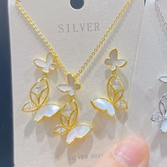 925银银制品 纯银925镀金镂空蝴蝶套装耳钉项链