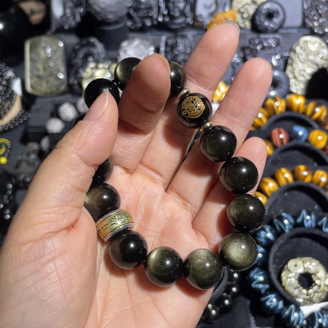 黑曜岩未镶嵌手串一***猫虎12mm