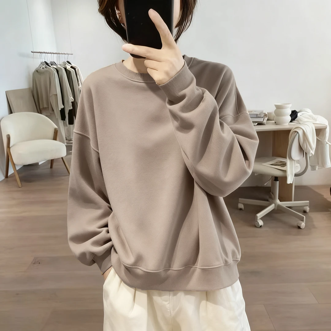 欧货卡其色圆领卫衣春秋款女大码胖mm显瘦洋气长袖打底衫内搭上衣