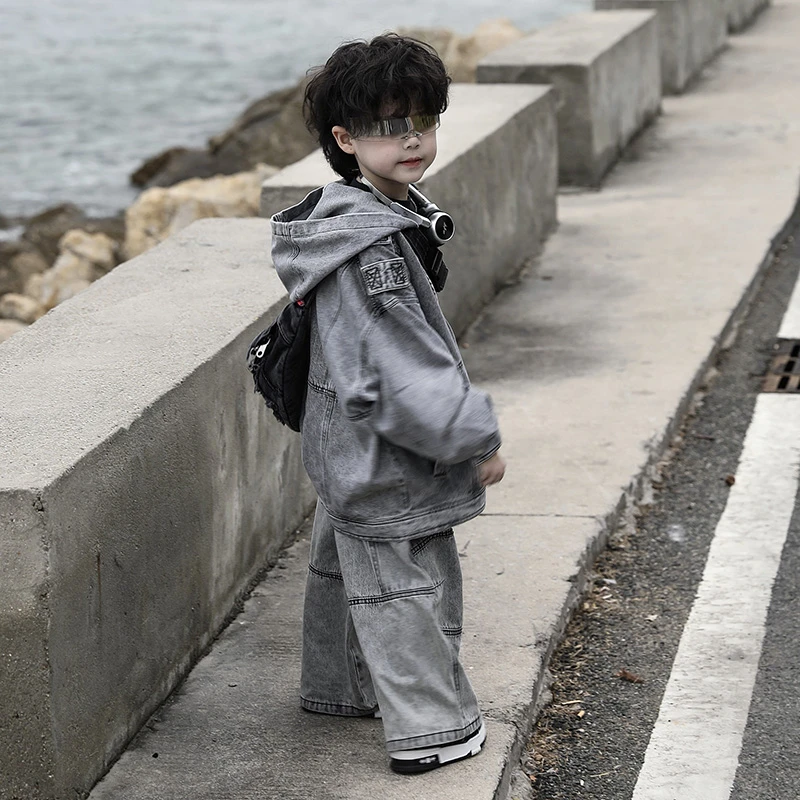 【现货】Jimmy妈童装 巴黎街头 春季儿童烟灰色做旧连帽牛仔衣外套