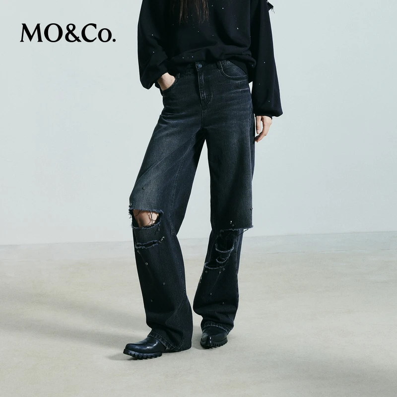 MOCO牛仔裤洗褪棉质高腰破洞磨烂水钻点缀MBD3JEN029