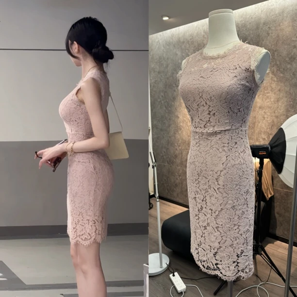 希野逸儿/粉色无袖气质修身显瘦名媛蕾丝连衣裙轻熟风温婉优雅