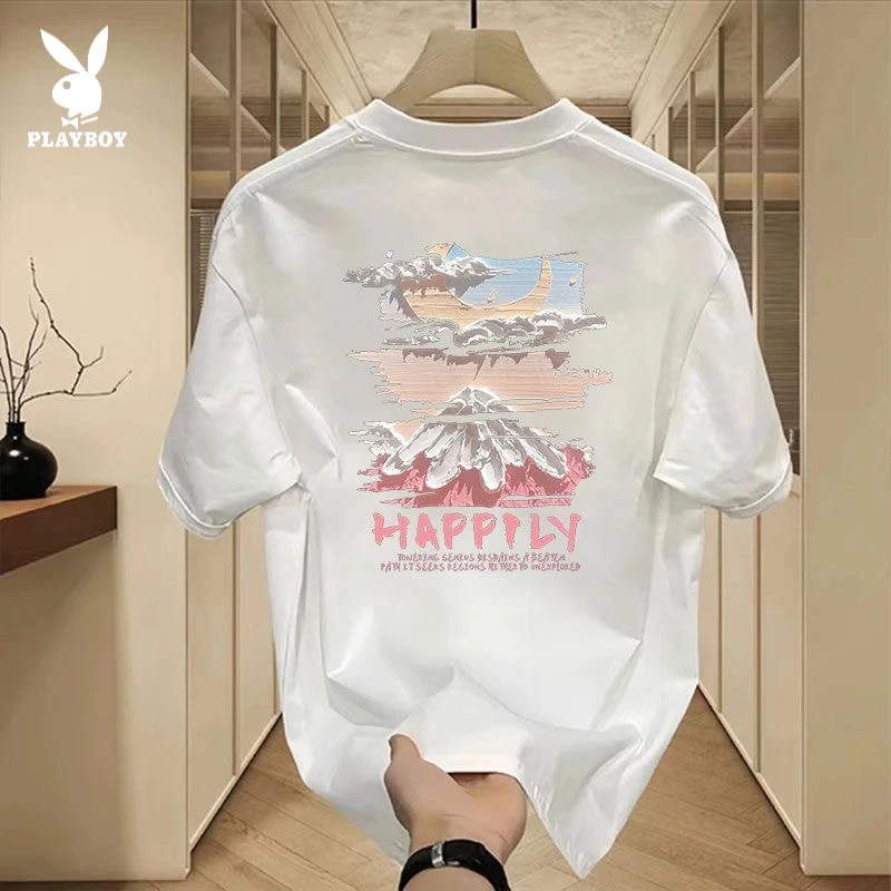 花花公子冰丝短袖T恤男士夏季美式潮流宽松冰丝索罗娜潮牌半袖t