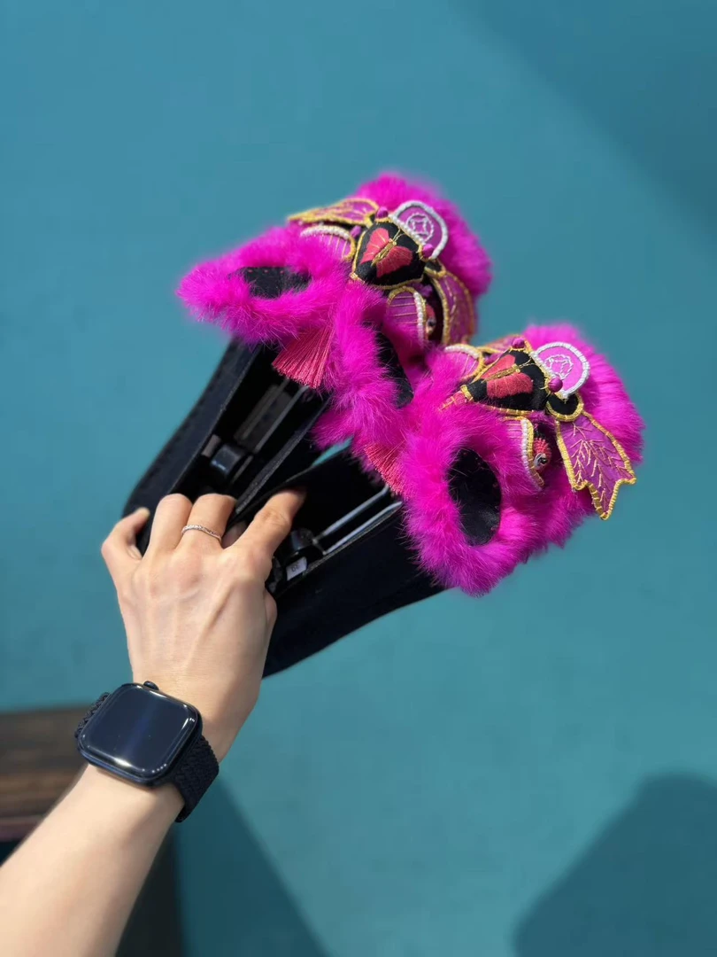 玫粉色虎头薄棉鞋手工千层底布鞋