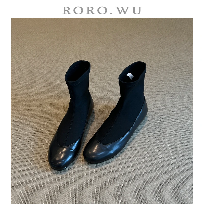 娆娆吴·拼色圆头弹力瘦瘦靴百搭显瘦秋冬新款粗跟短筒平底靴女Z15