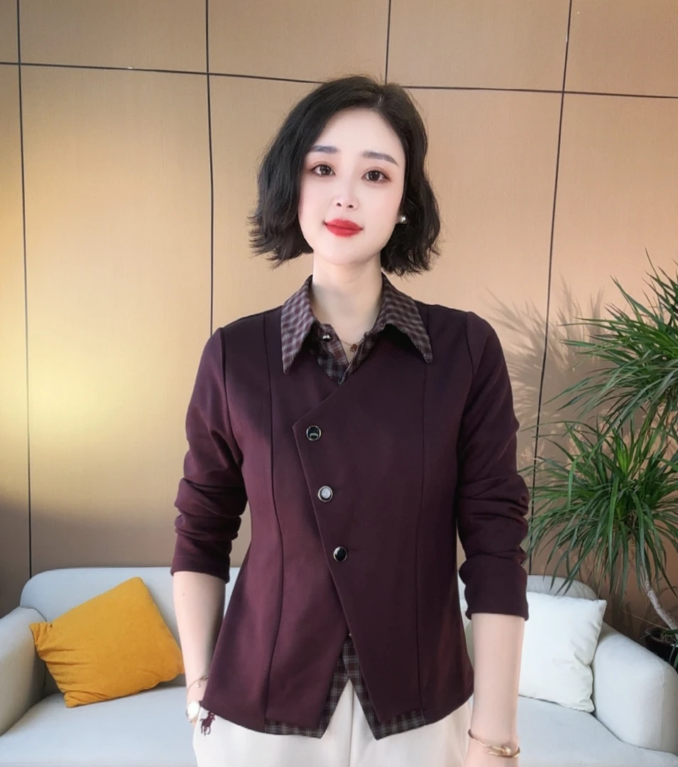 格子假两件上衣衬衣领不规则休闲百搭简约显瘦915