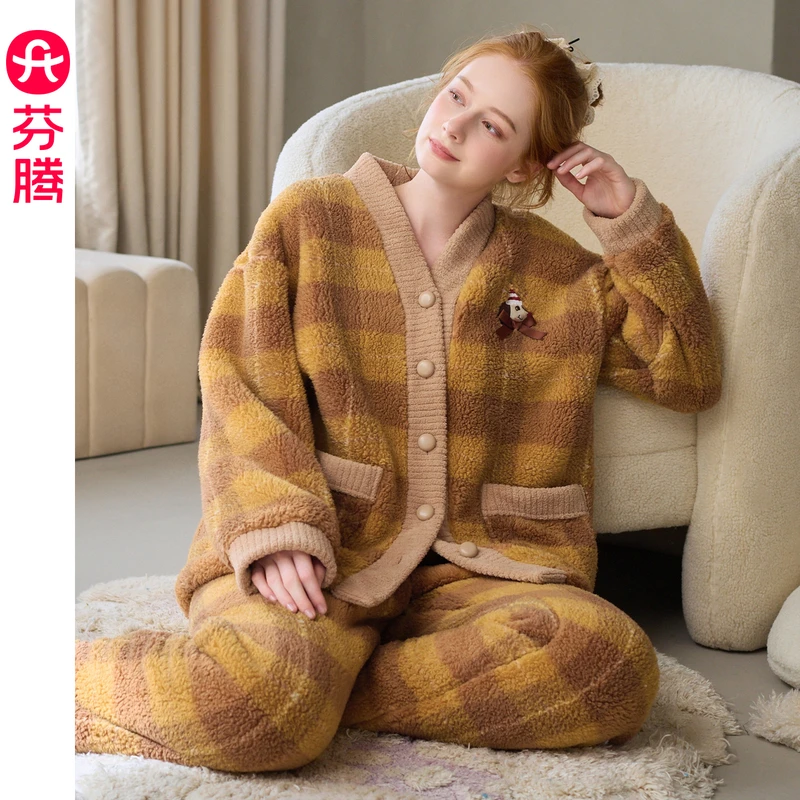 芬腾睡衣女秋冬季珊瑚绒加绒套装女款法兰绒加厚抗静电家大码居服