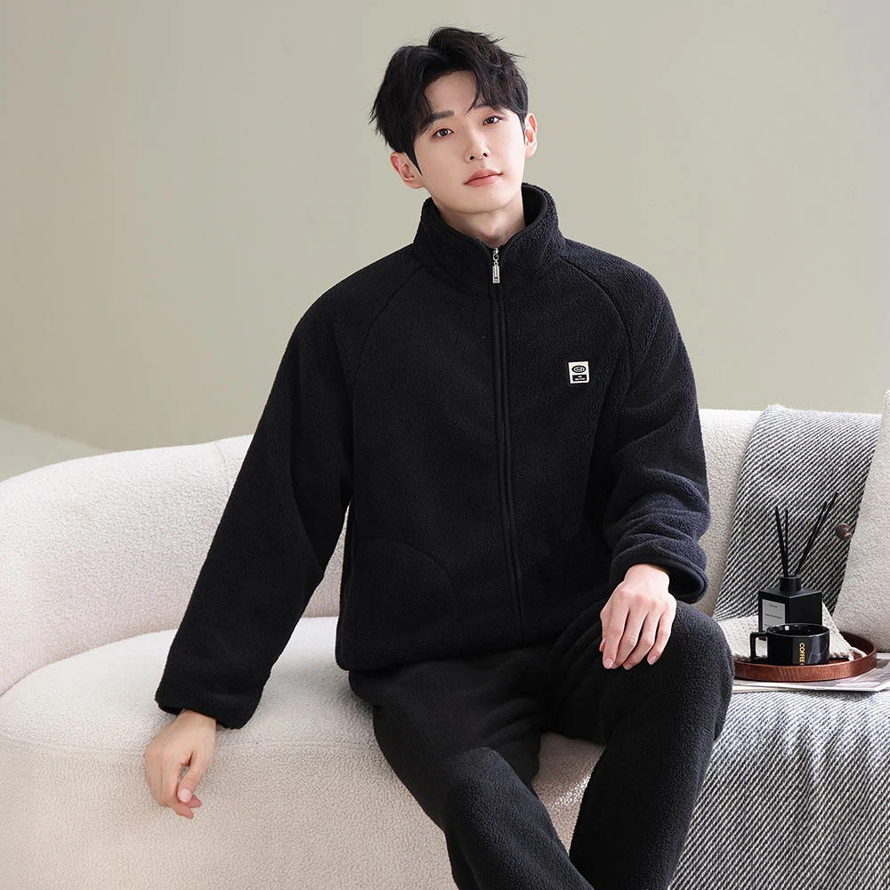 冬季加绒加厚保暖抓绒款男士睡衣拉链立领休闲可外穿两件套家居服