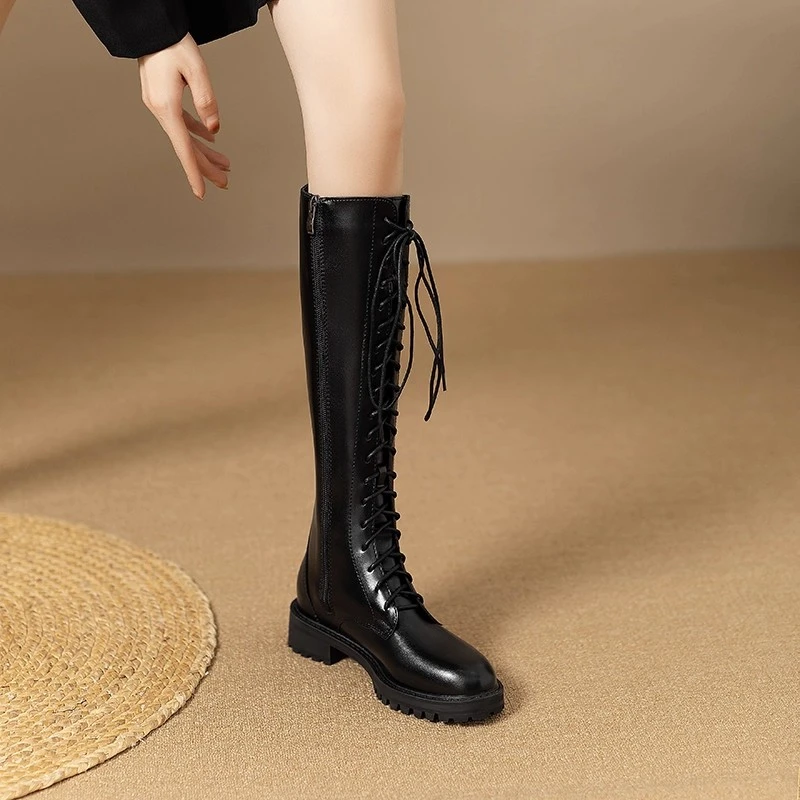 全牛皮长筒马丁靴女2025秋冬新款圆头长靴圆头冬季加绒加厚皮靴