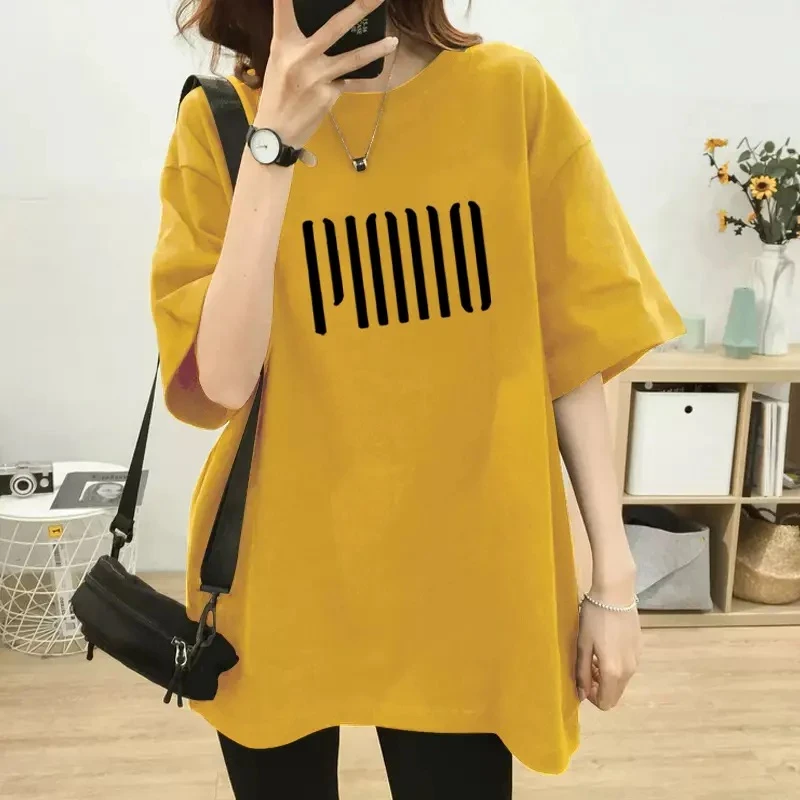 2025纯棉上衣中长款韩版宽松大码休闲減龄短袖t恤女时尚百搭夏季