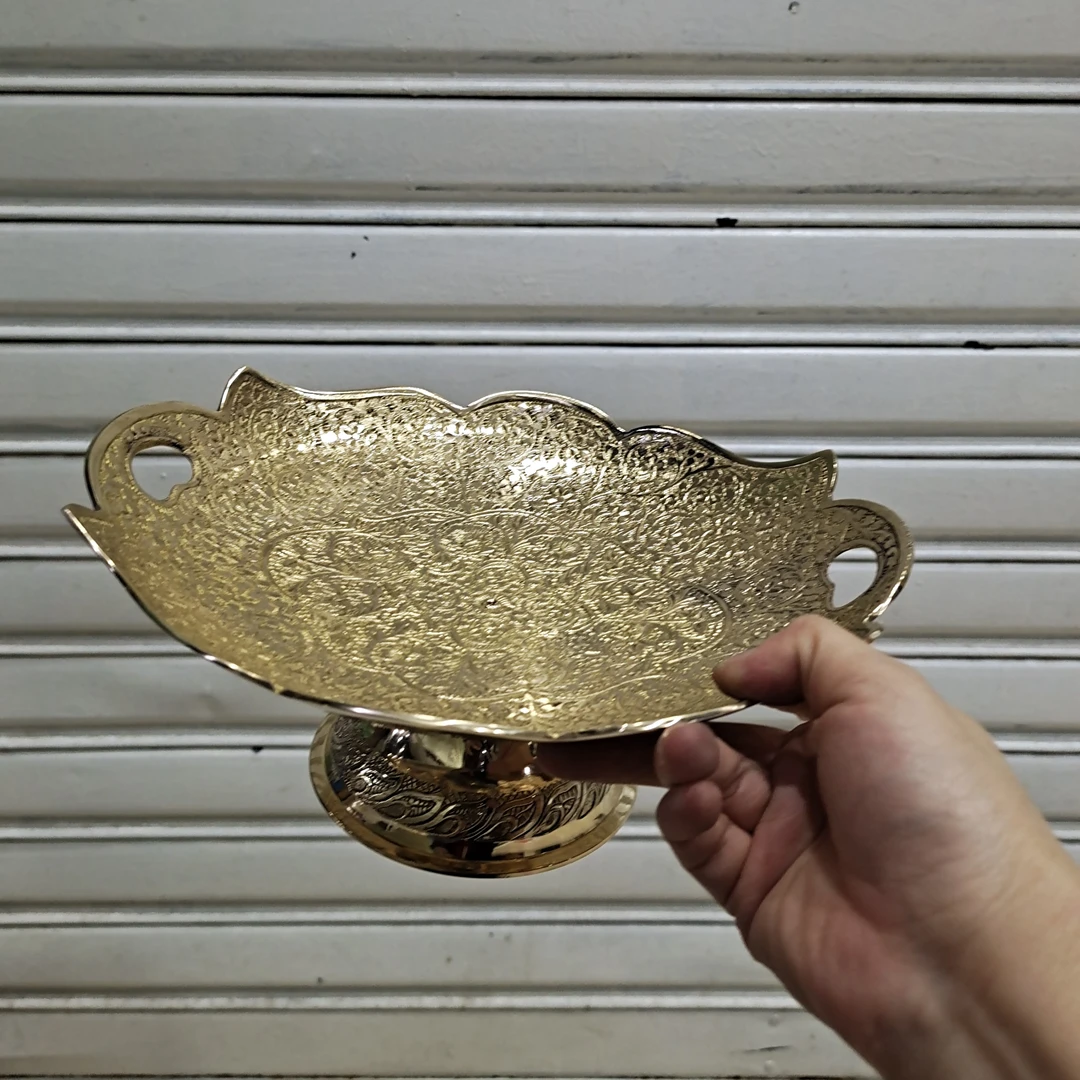 双耳纯铜欧式黄铜镂空印度进口水果盘零食收纳家用客厅桌托盘