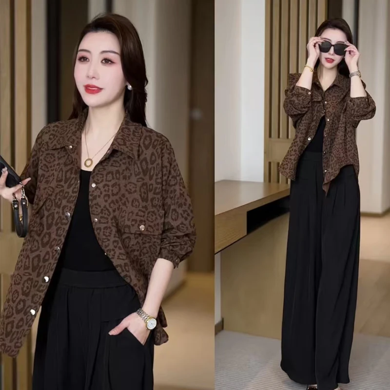 2025早春新款气质显瘦衬衣时尚复古豹纹咖色衬衫韩版百搭春秋上衣