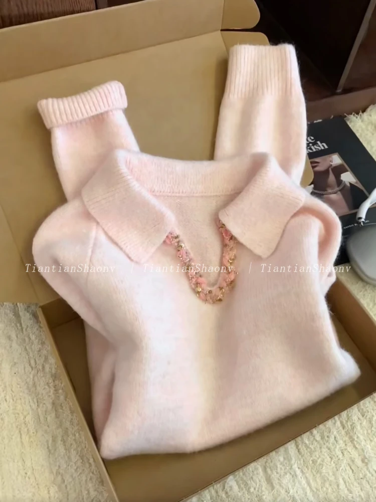 别致独特小上衣~温柔风POLO领长袖针织衫女冬季款小香风甜美毛衣