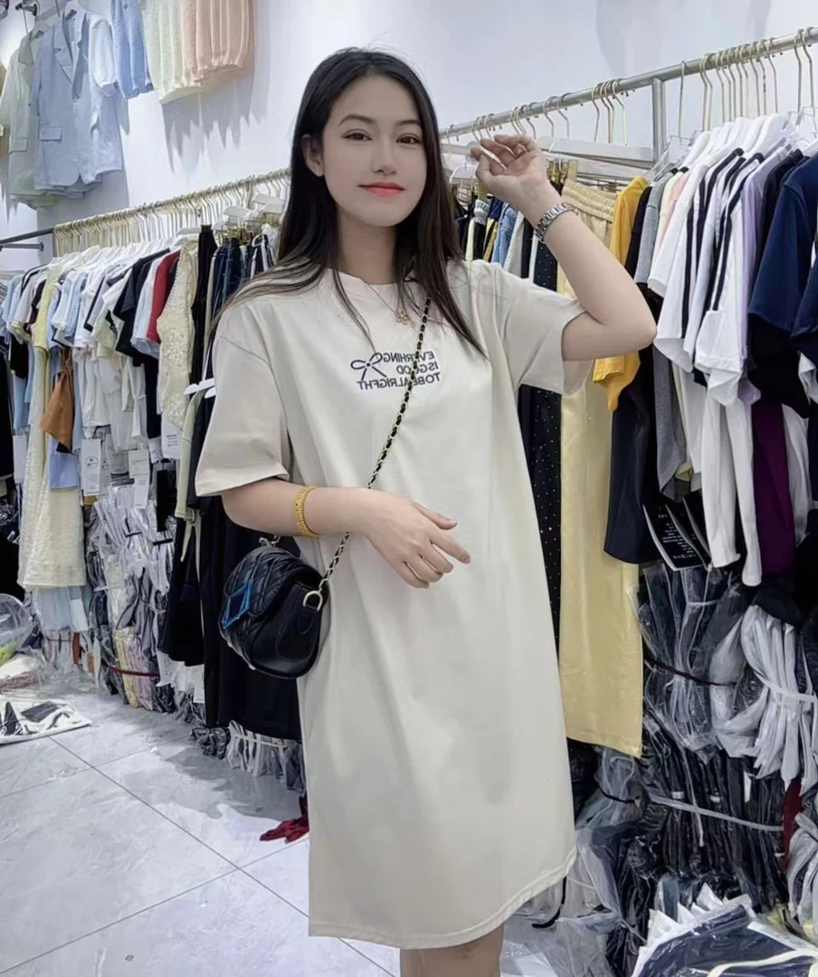 8095新款短袖T恤裙气质女装宽松休闲中长款过膝连衣裙