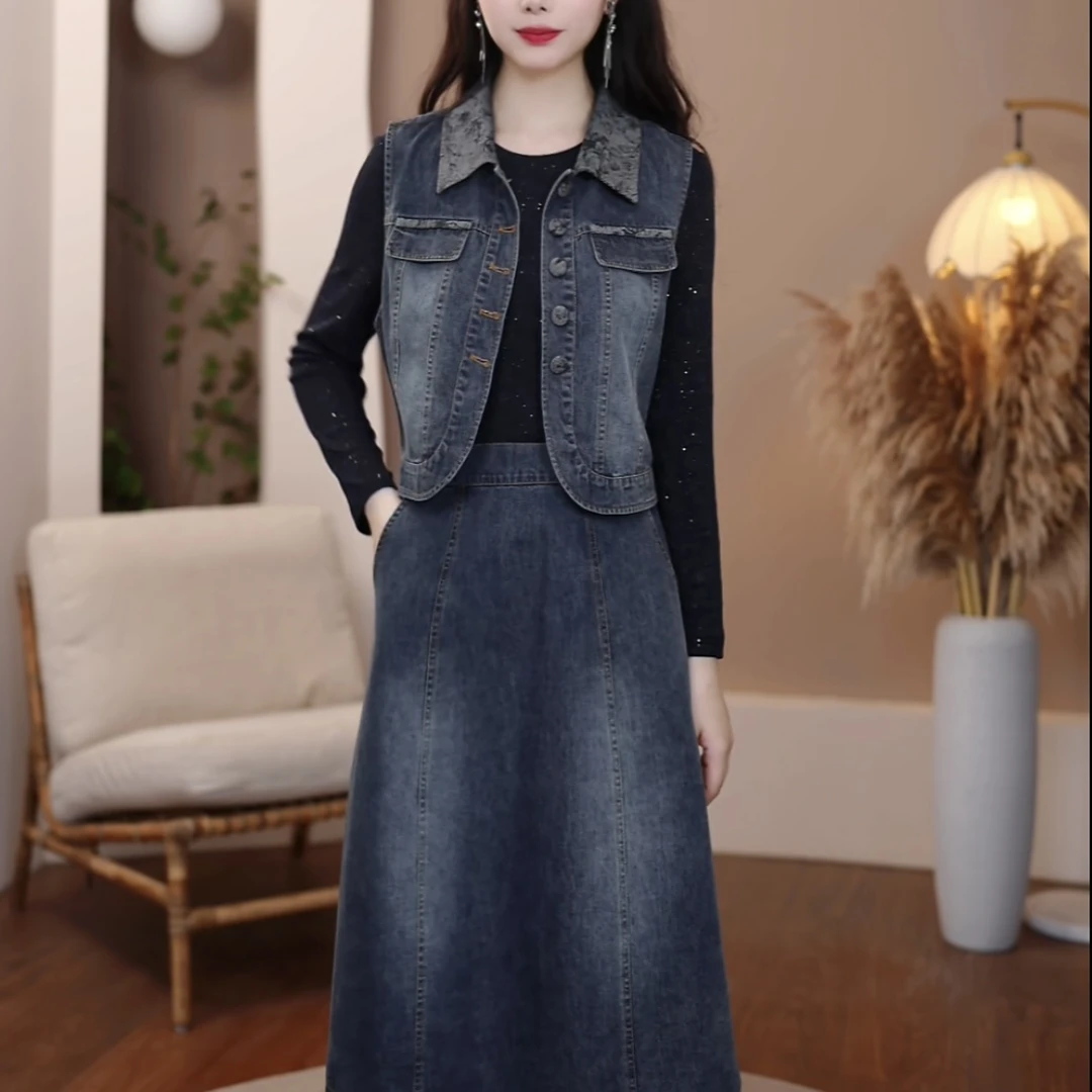 {两件套816}2025新秋款牛仔蓝气质优雅修身显瘦减龄两件套连衣裙