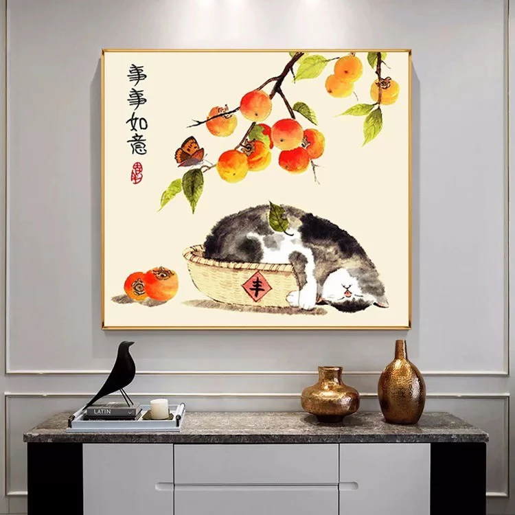 72大格纯手工绣好的十字绣成品193柿柿如意猫咪装饰画