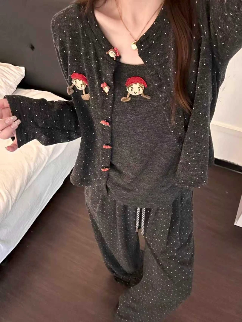 韩系甜酷小红帽卡通波点睡衣女新款秋冬款家居服德绒三件套可外穿