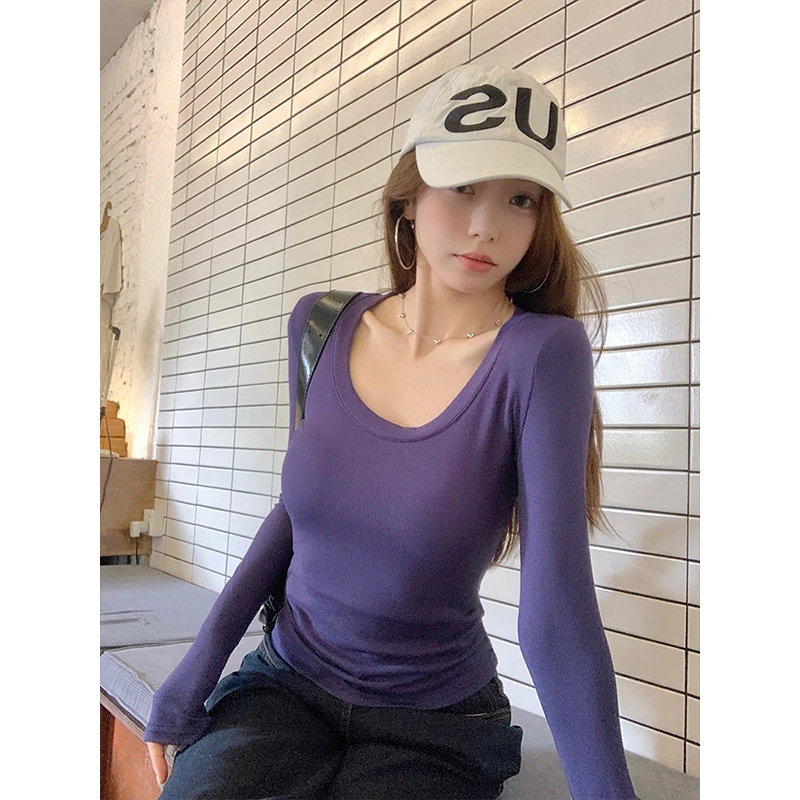 春秋冬纯欲辣妹内搭打底小衫高级感U领长袖T恤女修身显瘦短款睡衣