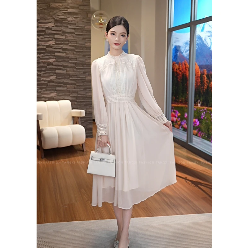 2025春秋新款【QQ-1034】高级感气质小众法式白蕾丝花边连衣裙