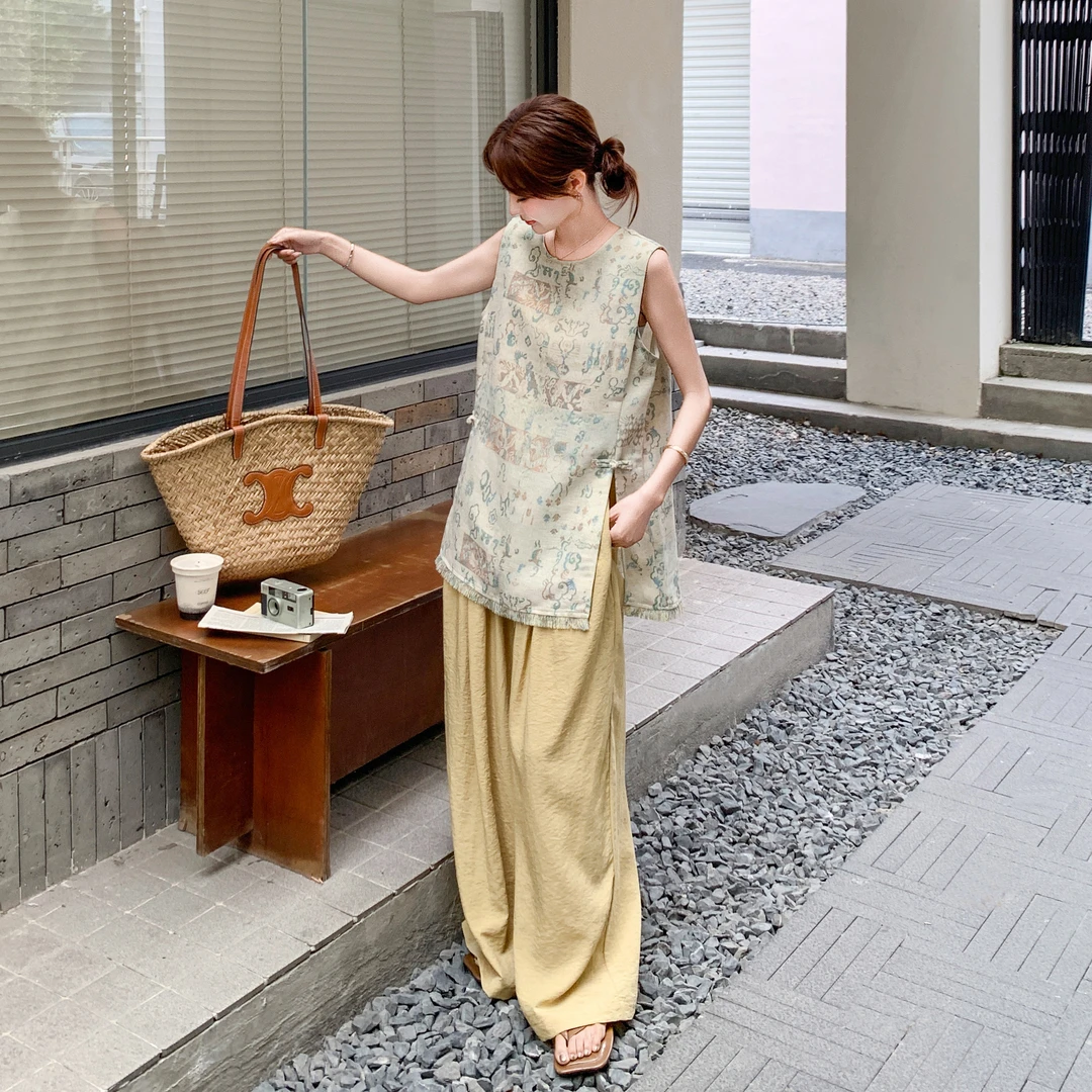 巨好看夏日绝美漂亮套装裤女2025夏新款爆款无袖上衣阔腿裤两件套