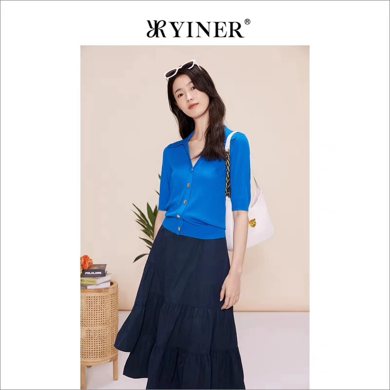 YINER音儿女装春夏宝蓝色海鸥领五分袖出游服装女8C33106461