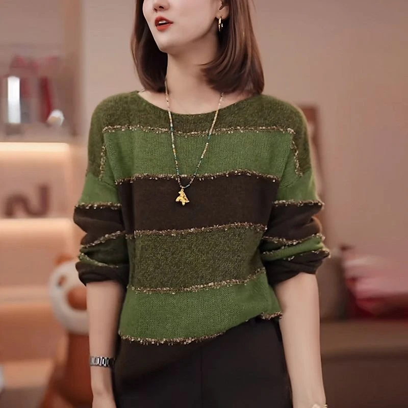 绿色条纹针织衫毛衣女士秋季慵懒风软糯宽松显瘦重工烫钻打底上衣