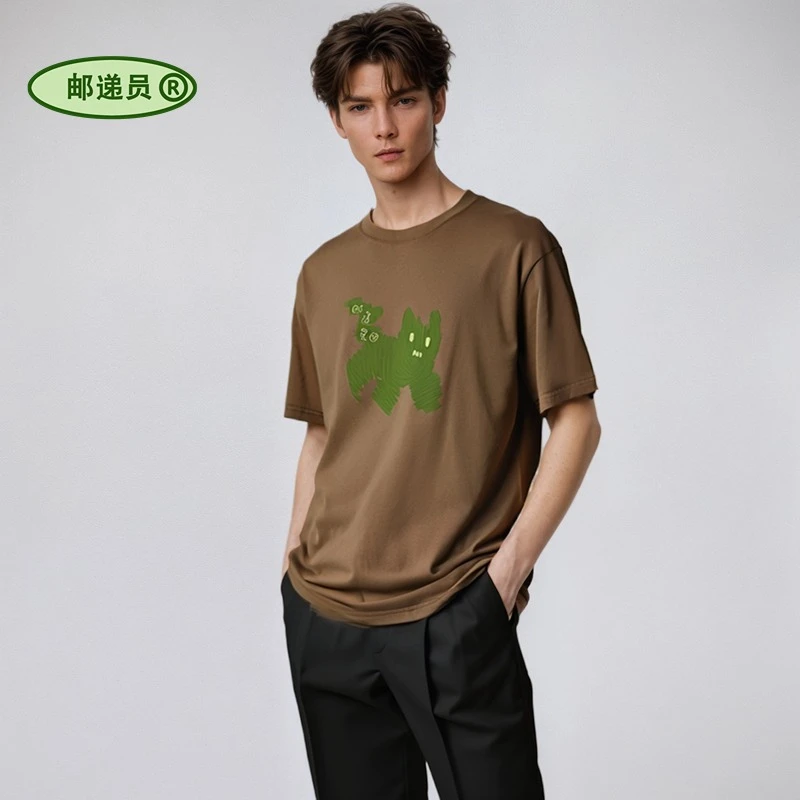 邮递员官方潮牌纯棉短袖t恤男活泼小猫个性上衣宽松情侣不透柔软