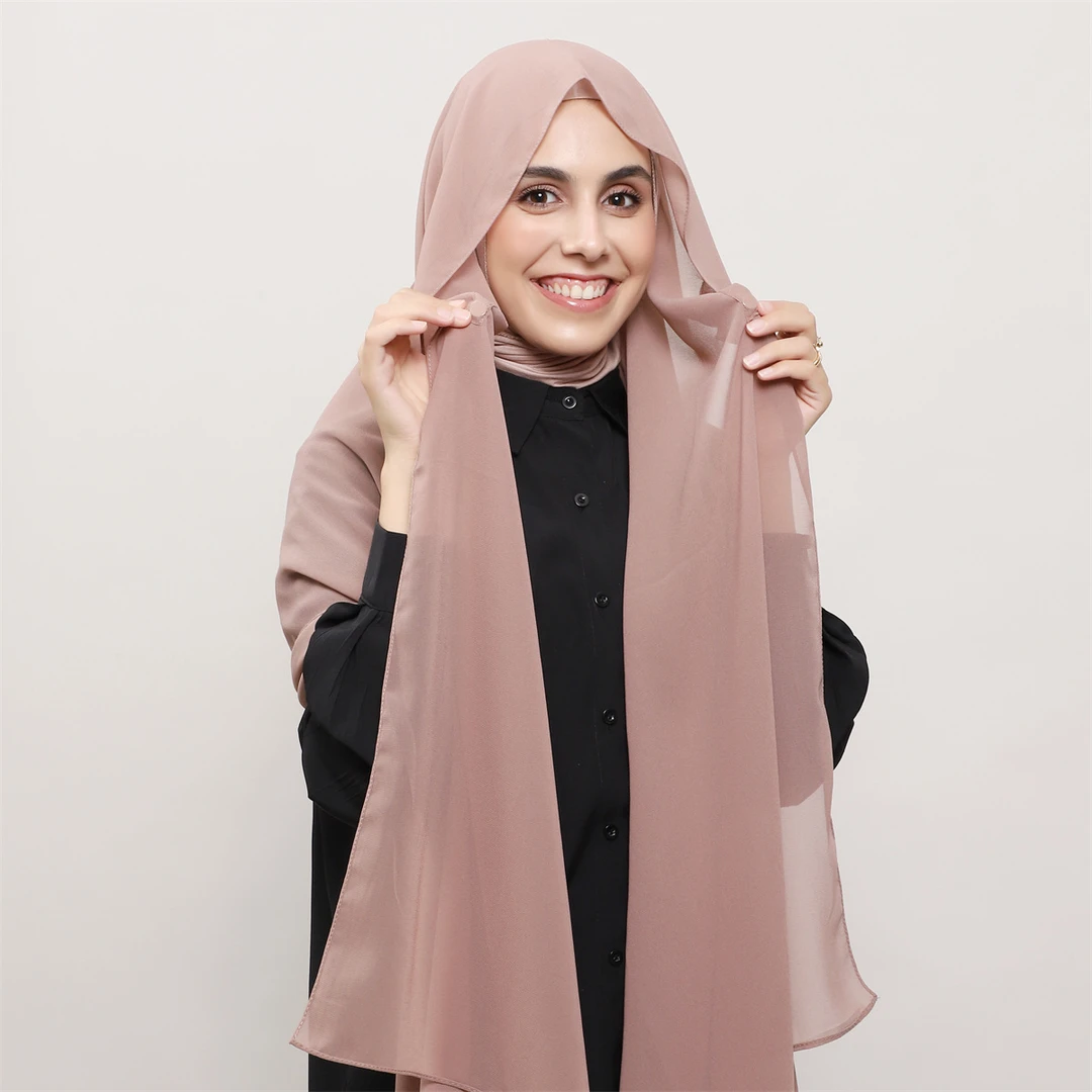 同色系弹性筒帽加纯色Chiffon 长巾磁扣一体组合套装围巾方便头巾