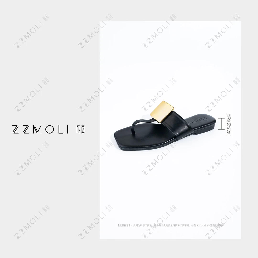 ZZMOLI法式金属装饰方头露趾夹脚人字凉拖女款外穿罗马鞋ZBX21631