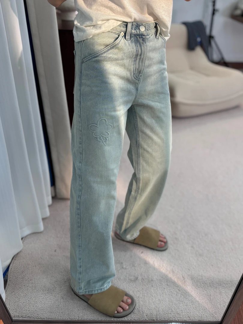 【盐渍蓝牛】土耳其进口面料 水洗中高腰通勤窄版直筒工装牛仔裤女